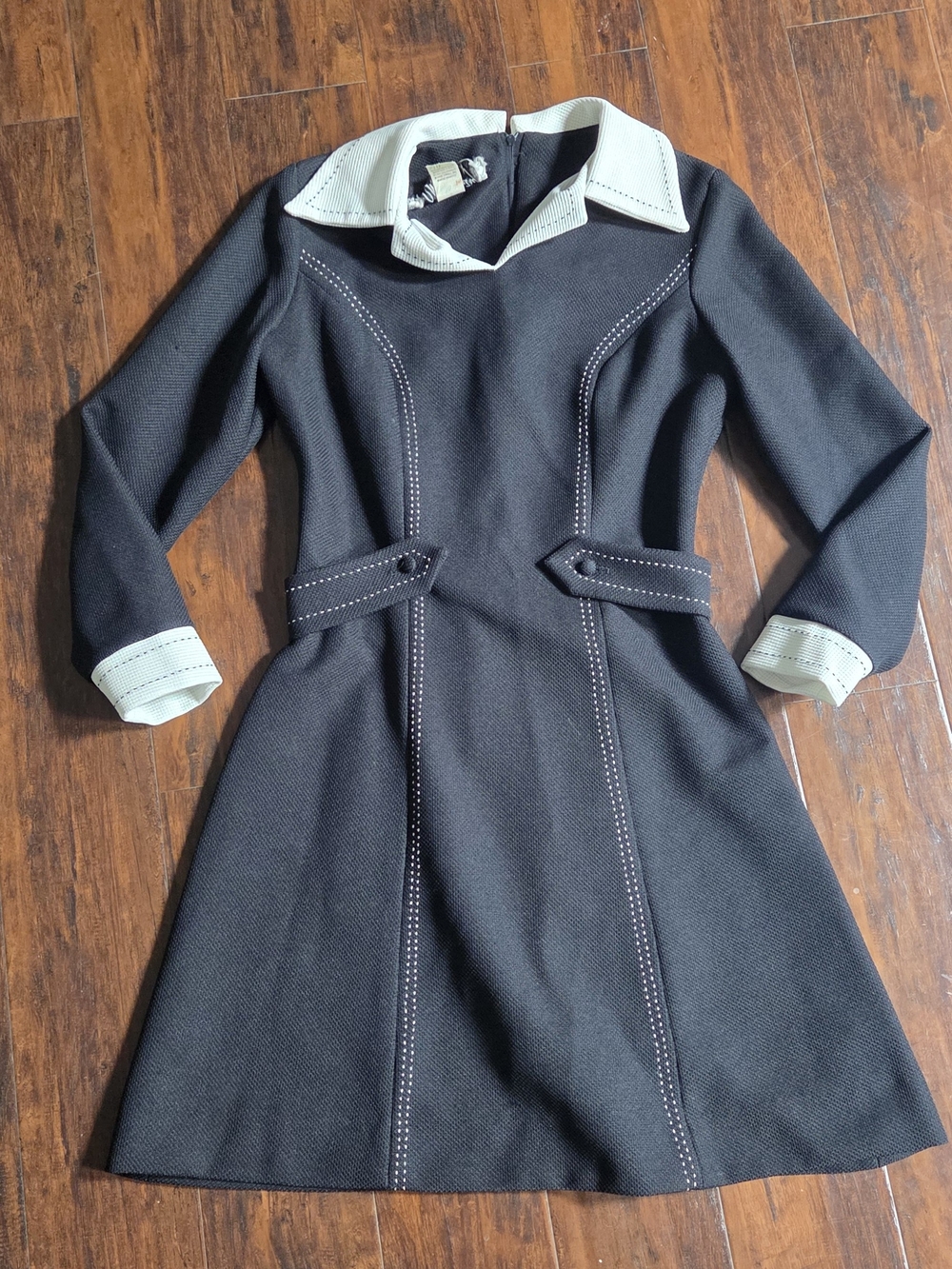 Black Dress with Cream Collar and Cuff - Women's Tailored A-Line Dress